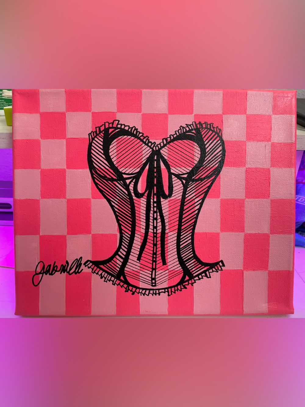Pink Checkerboard Painting with Black Laced Corset